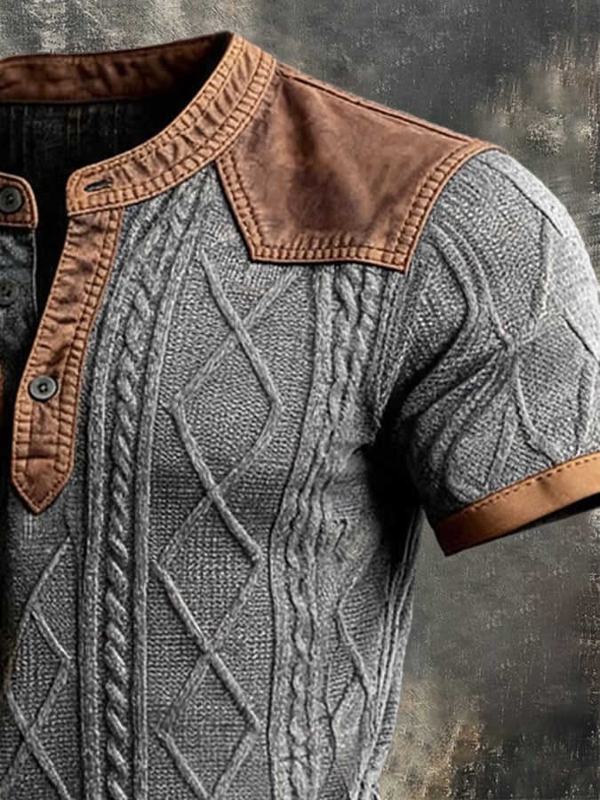 Men's Vintage-Style Jacquard Knit Henley T-Shirt