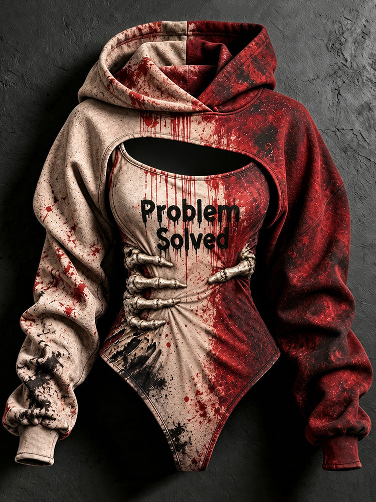 Women's Halloween Bloody Problem Solved Skull Hug 3d Print Hoodie Two-piece Set