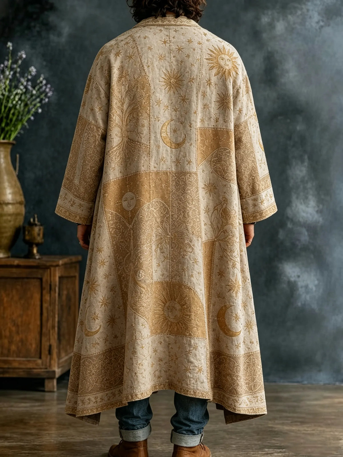 Men's Boho Sun Face Moon Tree Star Geometry Art Print Kimono Cardigan