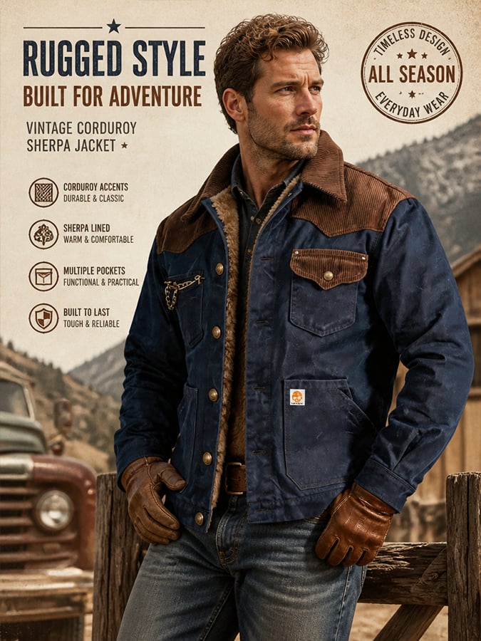 Men’s Vintage Corduroy Multi-Pocket Western-Style Outdoor Warm Jacket