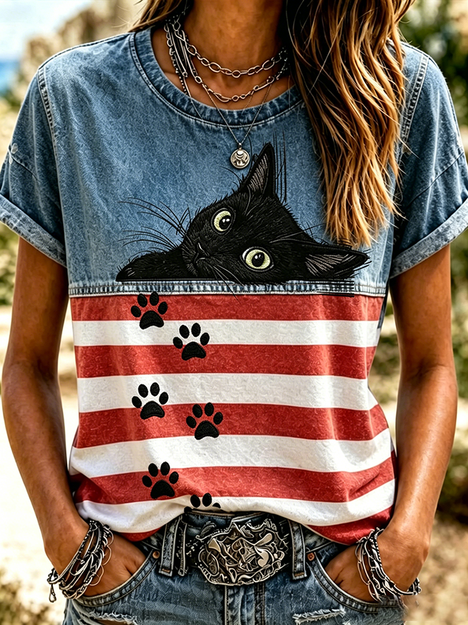 Women'S Casual Patriotic Cat Printed Short Sleeved T-Shirt