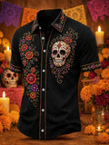 Men's Day Of The Dead Floral Skull And Curving Blossom Vines Print Short Sleeve Buttons Shirt