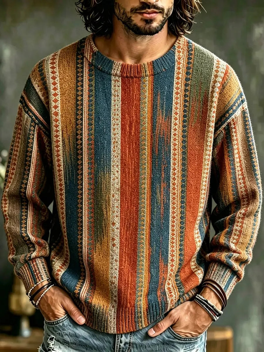 Men's Boho Multi‐Color Vertical Stripe Print Round Neck Sweater