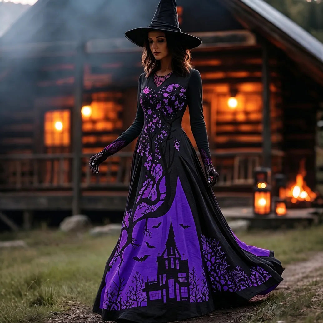 Women's Halloween Gradient Treehouse Design  V-neck Maxi Dress