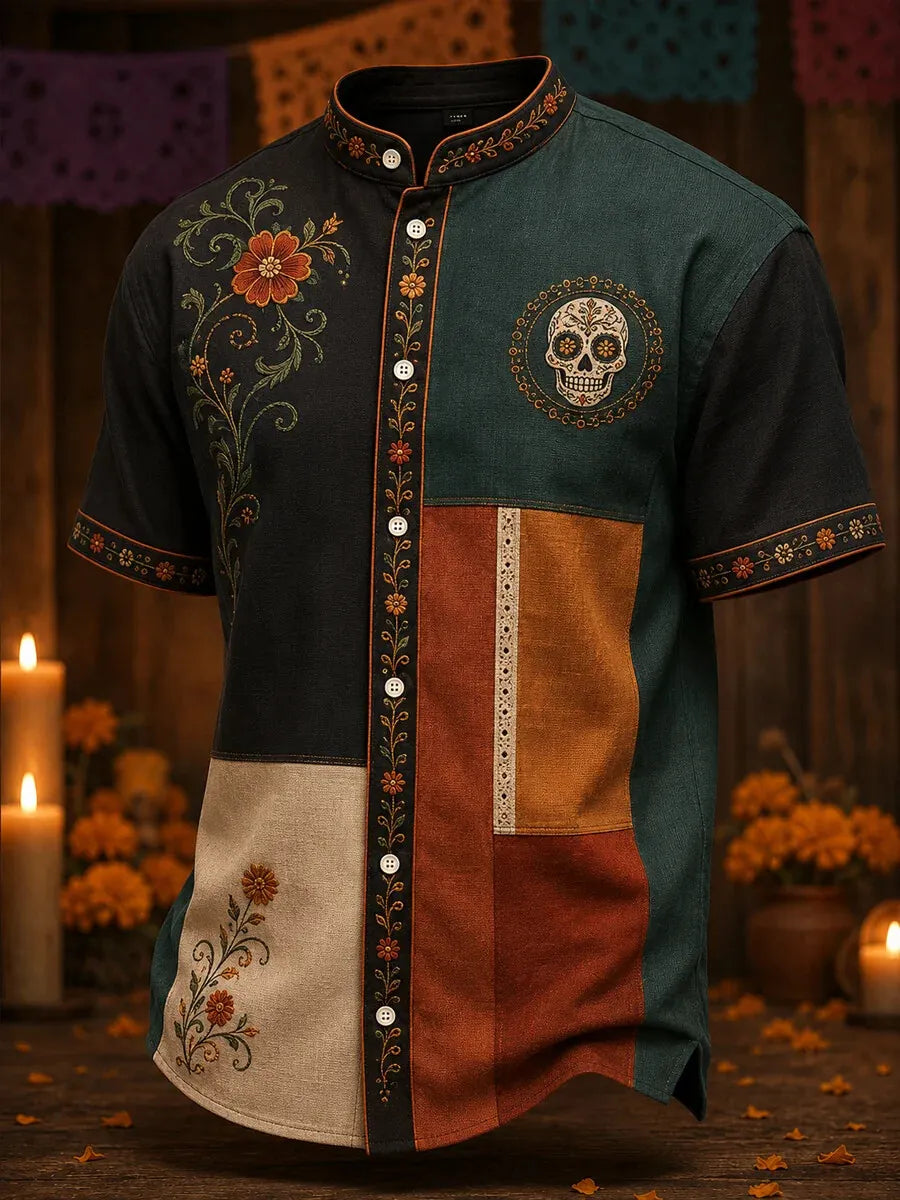 Men's Day Of The Dead Print Stand Collar Short Sleeve Shirt