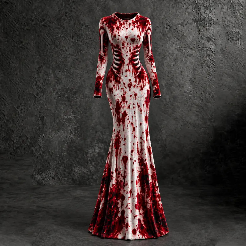 Women's Halloween Bloodstain Skull Print Round Neck Long Dress