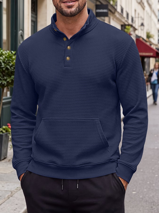 Men's Vintage Waffle-Knit Henley Sweatshirt with Stand Collar