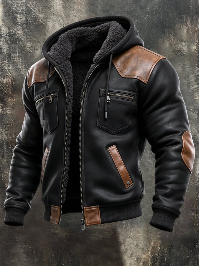 Men'S Retro Color-Block Hooded Jacket With Leather Paneling And Fleece Lining
