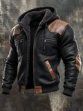 Men'S Retro Color-Block Hooded Jacket With Leather Paneling And Fleece Lining