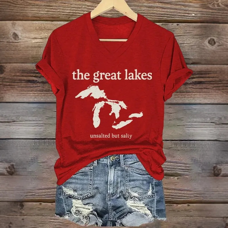 V-neck Retro The Great Lakes Unsalted But Salty Print T-shirt