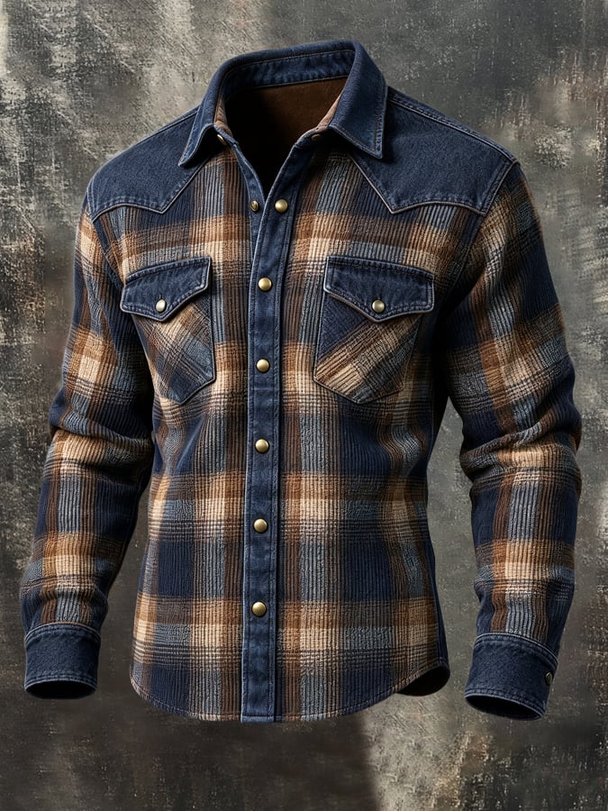 Men'S Vintage Western-Style Long-Sleeve Denim Shirt With Corduroy And Plaid Paneling
