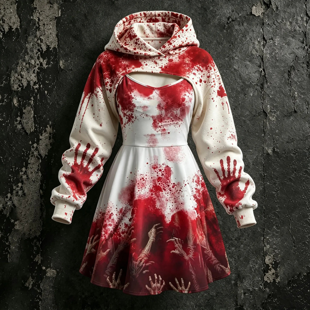 Women's Retro Halloween Bloodstain Hand Print Hoodie Suspender Dress Two-piece Set