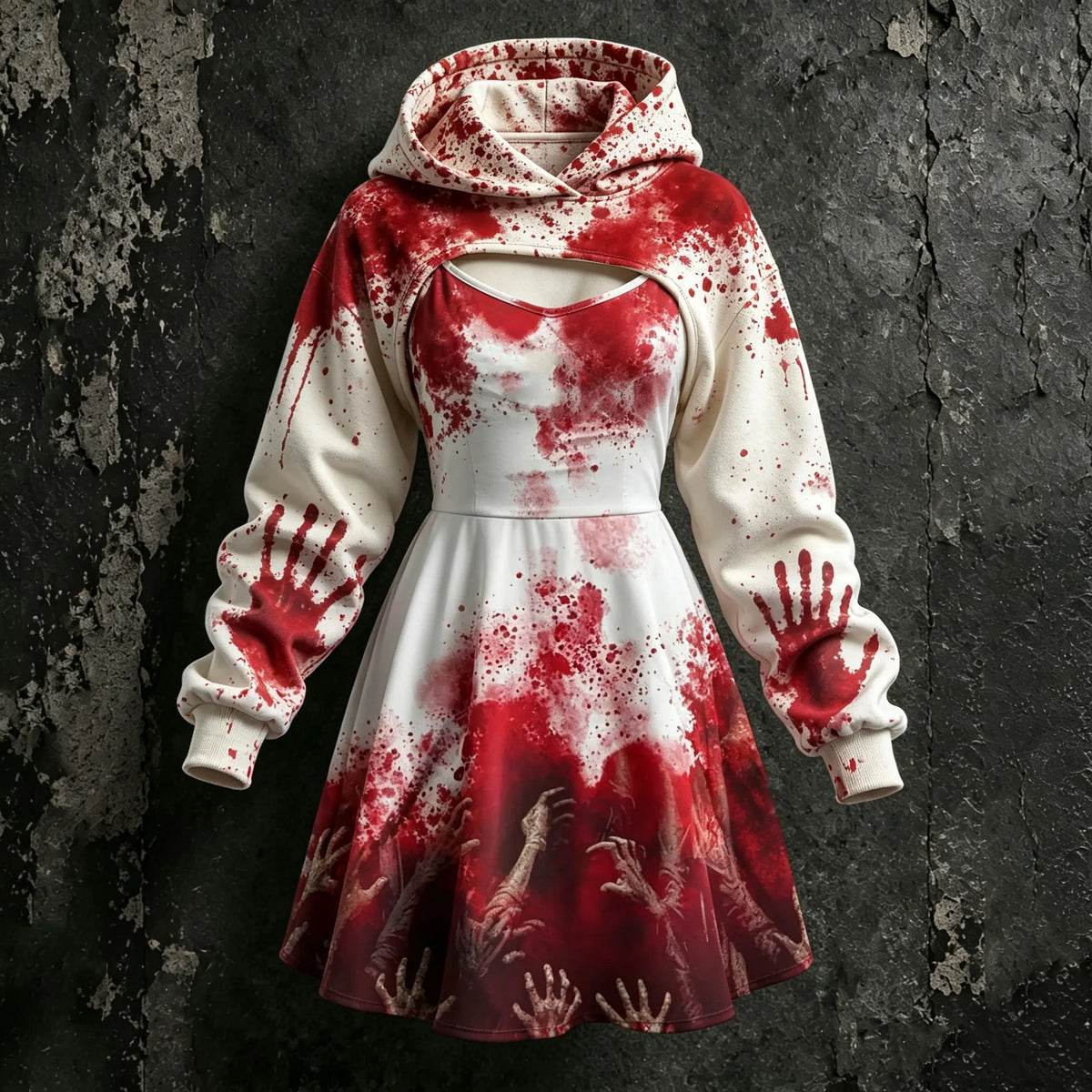 Women's Retro Halloween Bloodstain Hand Print Hoodie Suspender Dress Two-piece Set