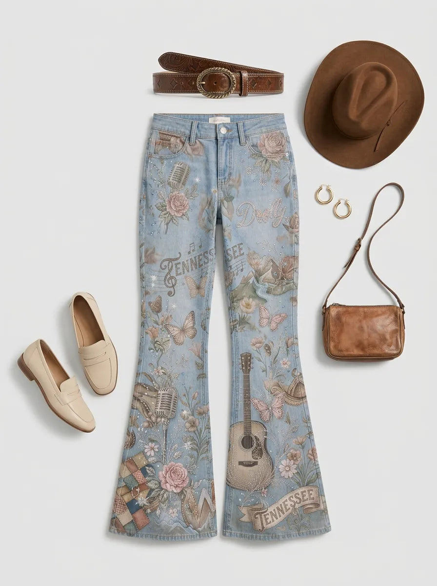 Women's Dolly Parton Country Music Guitar Rose Printed Flare Pants