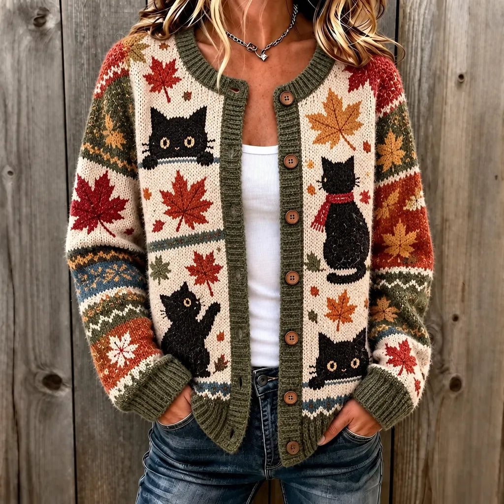 Women's Maple Leaf Black Cat Color Block Print Crew Neck Cardigan