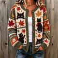 Women's Maple Leaf Black Cat Color Block Print Crew Neck Cardigan