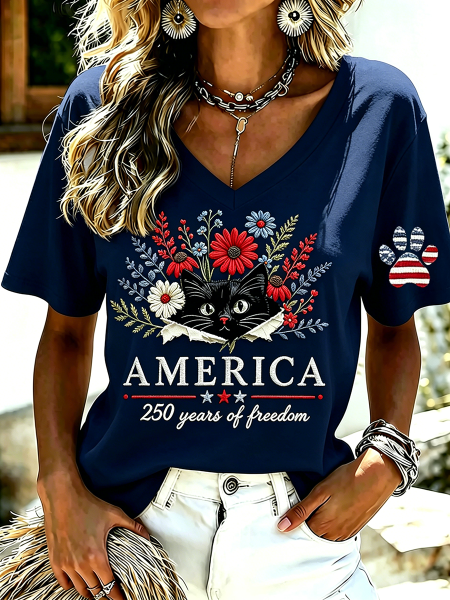 Women's Casual American Cat Floral V-Neck T-Shirt