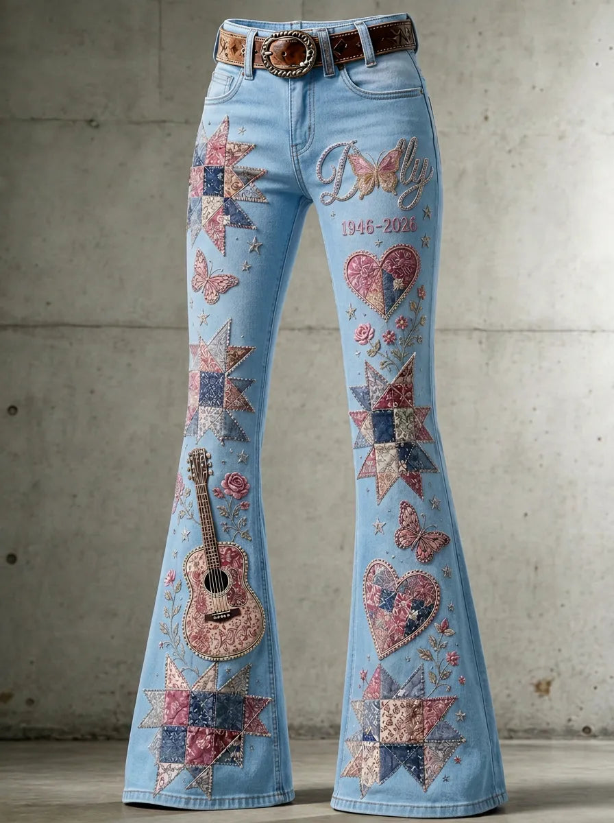 Women's Dolly Parton Guitar Butterfly Quilt Printed Flare Jeans