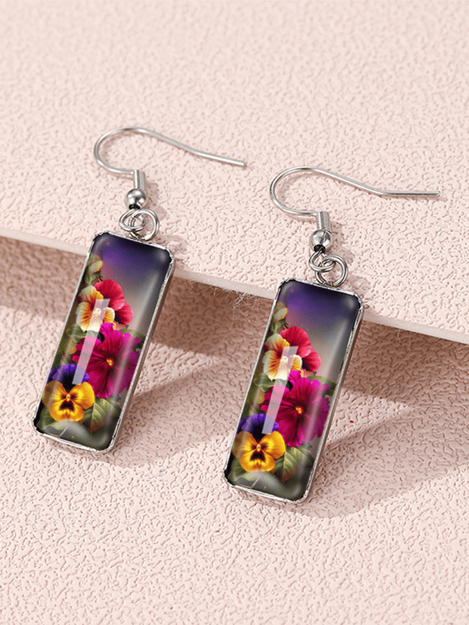 Purple Square Pansy Design Earrings