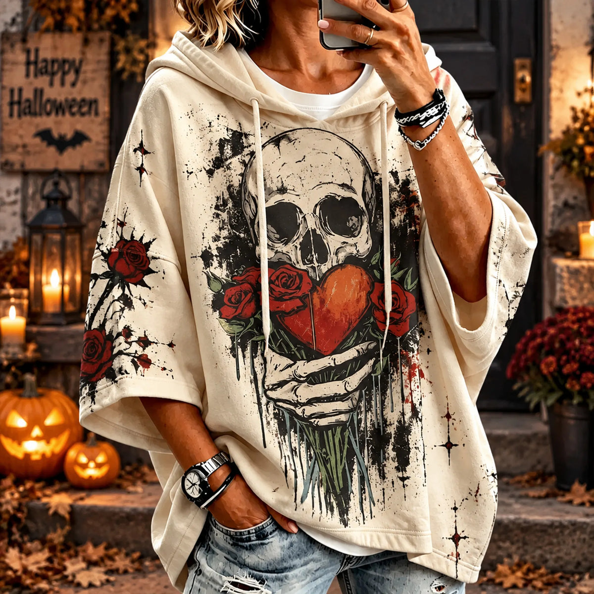 Vintage Distressed Gothic Skull Rose Heart Hand Hoodie