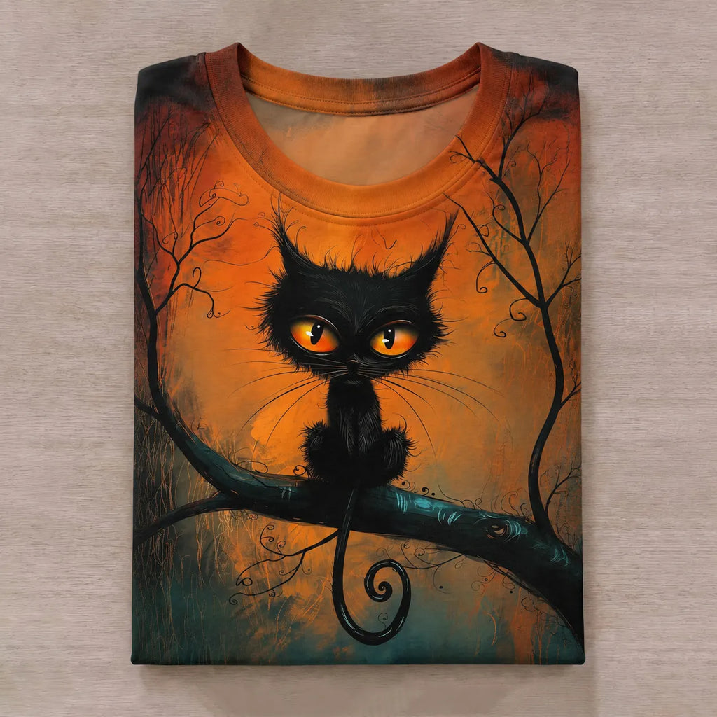 Women's Halloween Cat Art Print Casual T-shirt