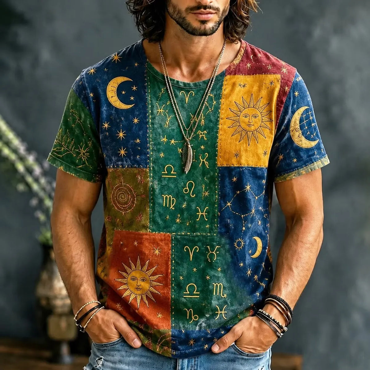 Men's Celestial Patchwork Sun and Moon Print Crew Neck T-Shirt