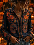 Women's Day Of The Dead Skull Marigold Foliage Print Long Sleeve Shirt