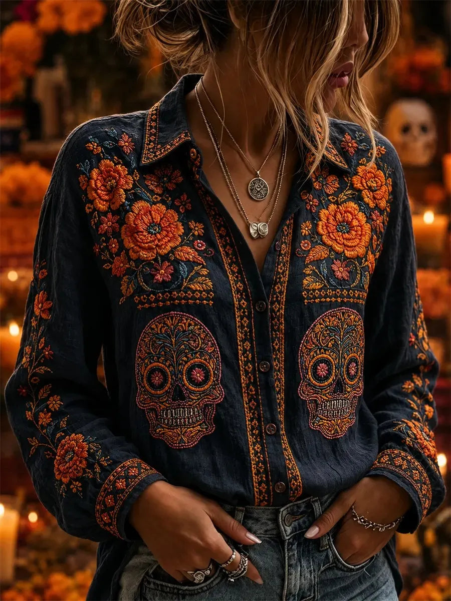 Women's Day Of The Dead Skull Marigold Foliage Print Long Sleeve Shirt