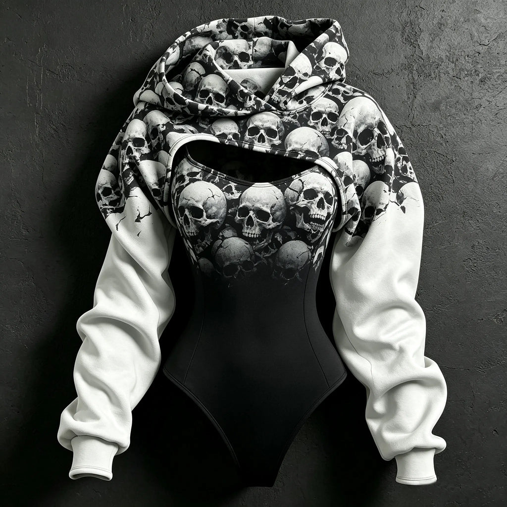 Women's Retro Halloween Color Block Skull Print Sweatshirt Two-piece Set