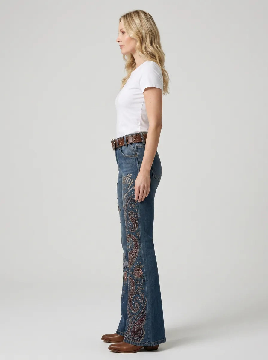 Women's Dolly Parton Butterfly Paisley Guitar Printed Flare Jeans