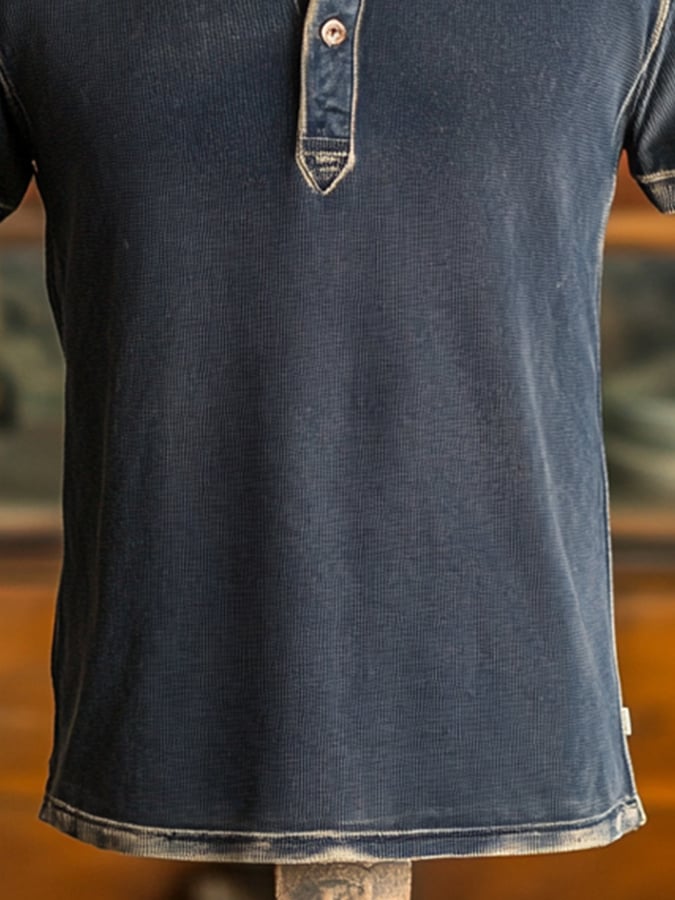 Men's Vintage Color Block Cotton Casual Henley Short Sleeve T-Shirt