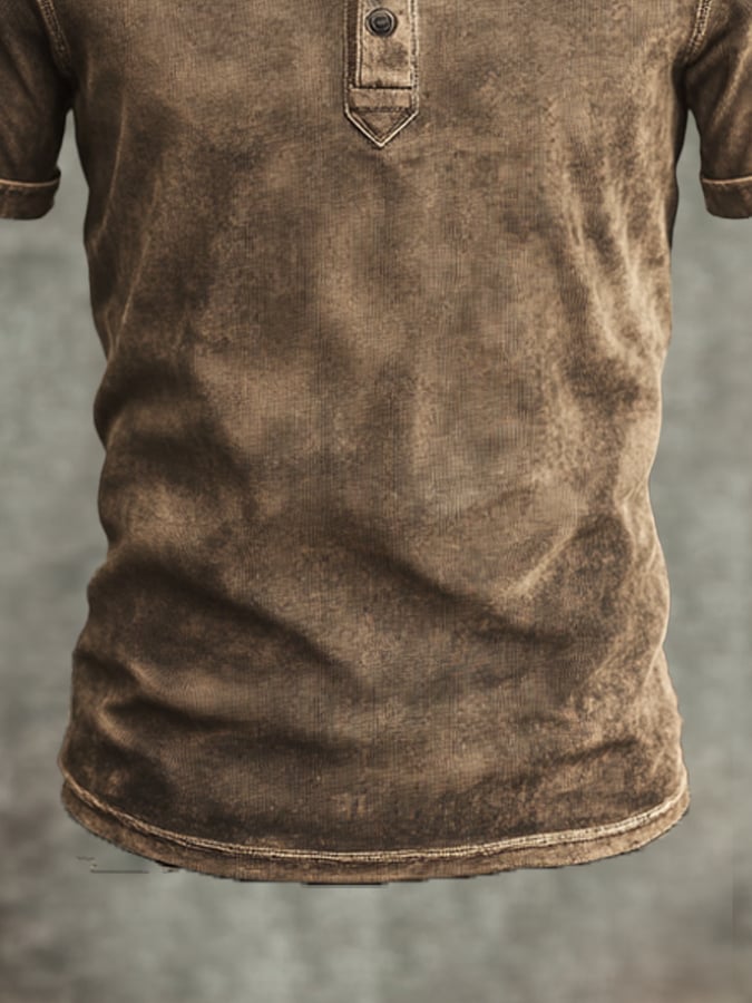 Men's vintage-style Henley print short-sleeved T-shirt