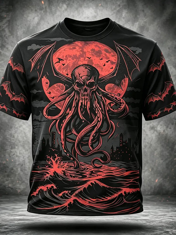 Men's Short Sleeve T-shirt Featuring Tentacled Skull Monster, Giant Moon, And Ocean Waves
