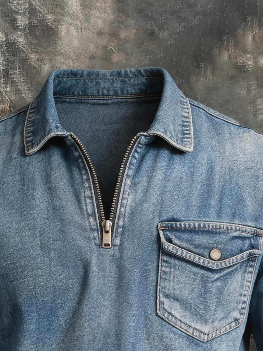 Men's Vintage-Wash Distressed Denim Half-Zip Long-Sleeve Top