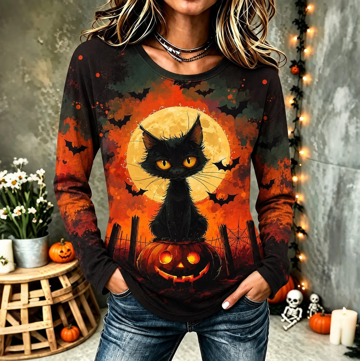 Women's Vintage Gothic Halloween Cat Print Comfy Print Long Sleeve Tshirt