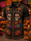 Men's Day Of The Dead Twin Sombrero Skull Symmetric Papel Picado Marigold Folk Floral Print Short Sleeve Buttons Shirt
