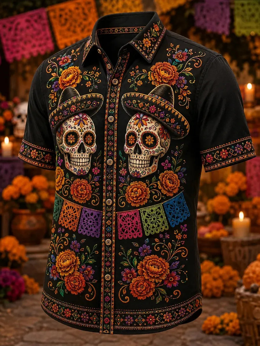 Men's Day Of The Dead Twin Sombrero Skull Symmetric Papel Picado Marigold Folk Floral Print Short Sleeve Buttons Shirt