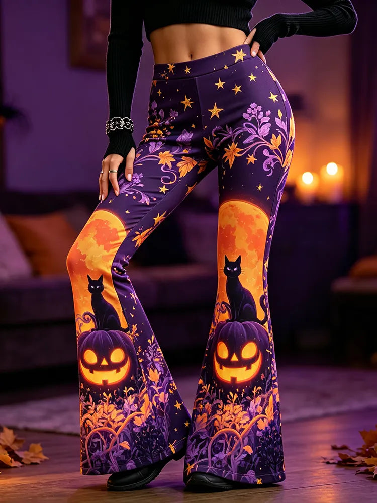 Women's Flare Pants With Cat On Jack-o'-lantern Pumpkin And Full Moon Print