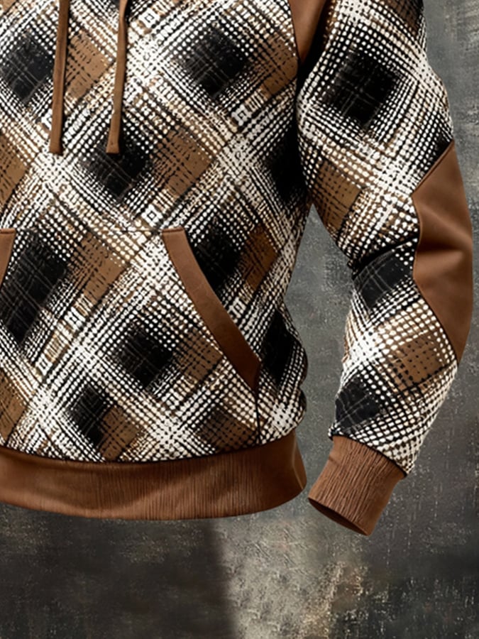Men'S Retro Color-Block Print Hoodie With Contrasting Details