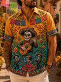 Men's Day Of The Dead Music Skeleton Dancer Cactus Colorful Bloom Print Short Sleeve Buttons Shirt