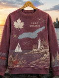 Women's Crew Neck Sweatshirt - Lake Ontario Map, Lighthouse, Sailboat And Maple Leaf Print
