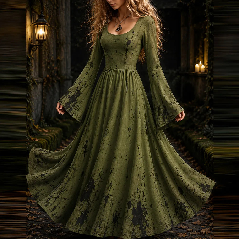 Women's Vintage Minimalist Design Printed Casual Witch Long-sleeved Dress