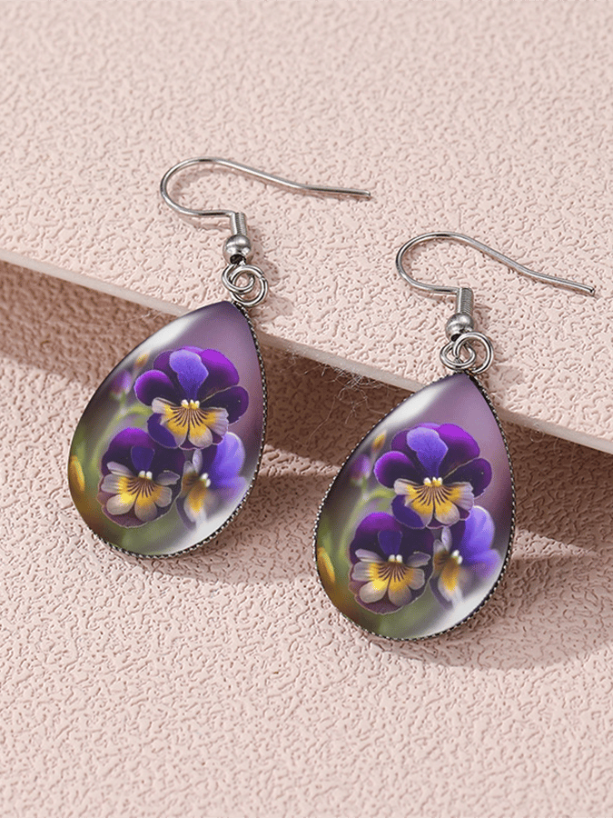 Purple Drop-Shaped Pansy Flower Design Earrings