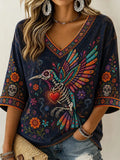 Women's Day Of The Dead Skeleton Bird with Red Heart Flower Print 3/4 Sleeve V-Neck T-Shirt