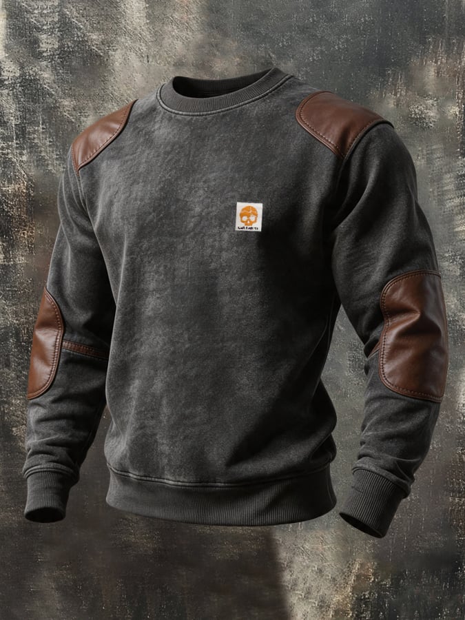 Men'S Retro Color-Block Crew-Neck Sweatshirt With Leather Paneling