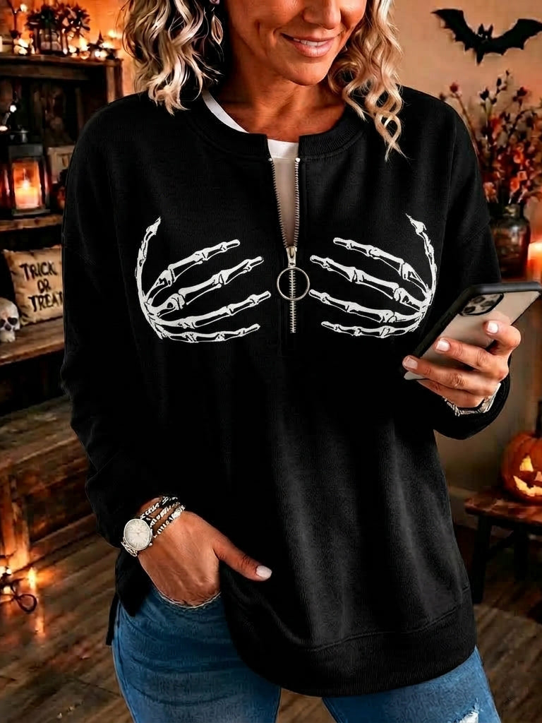 Women's Halloween Skeleton Finger Print Casual Half-zip Sweatshirt