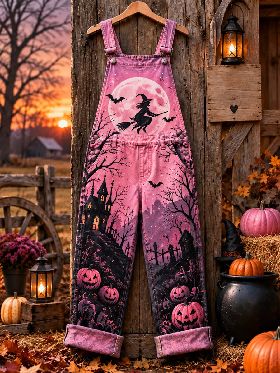 Women's Pink Witch Print Casual Jumpsuit