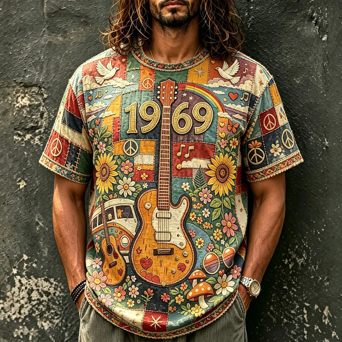 Men's Peace Dove Guitar Hippie Print Crew Neck Short Sleeve T-Shirt