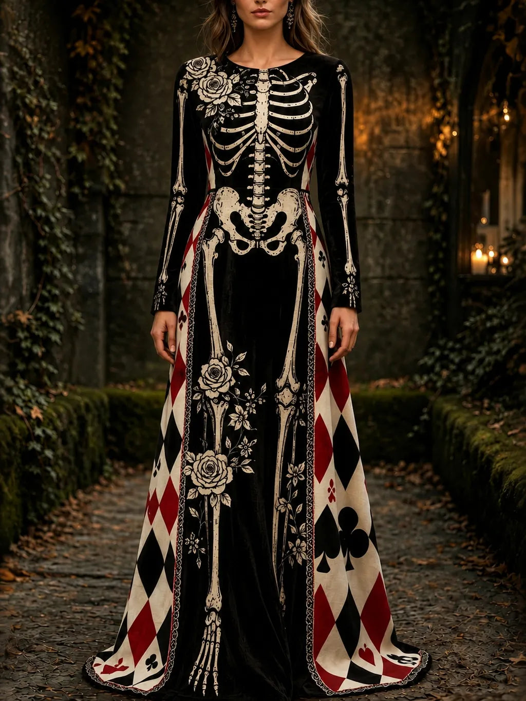 Women's Halloween Gothic Style Skeleton Playing Card Pattern Velvet Long Dress