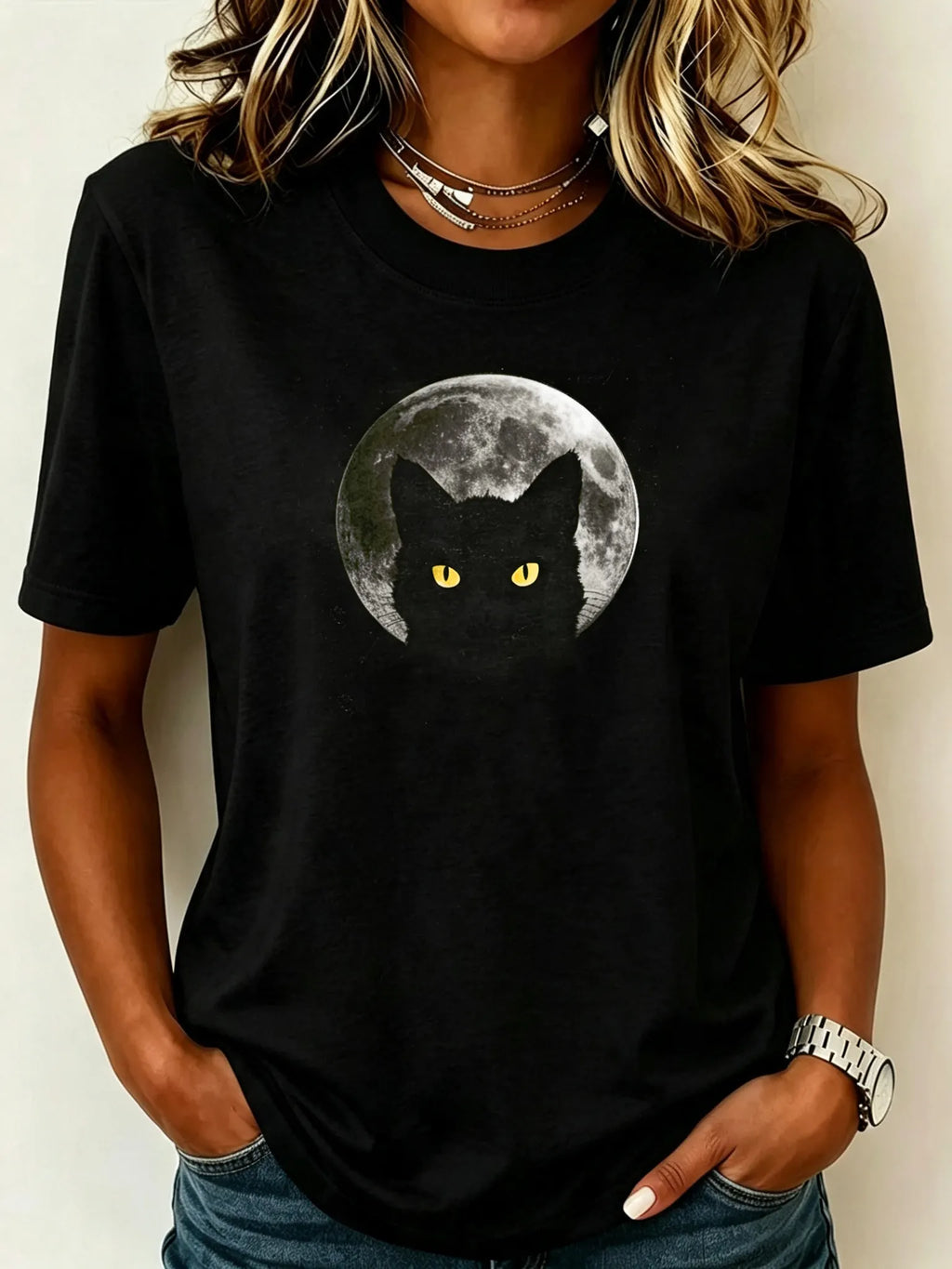 Women's Black Cat Moonlit Night Halloween Design T-shirt